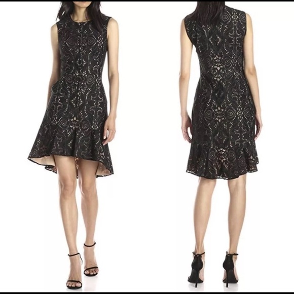 BCBGMAXAZRIA Chrystal Burnout Black Nude Lace Ruffle Hem Cocktail Dress Size 0 - Picture 1 of 13